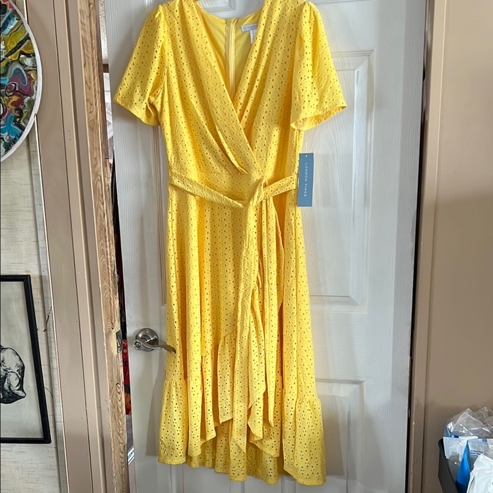 London Times Yellow Flutter Sleeve Faux Wrap Sundress